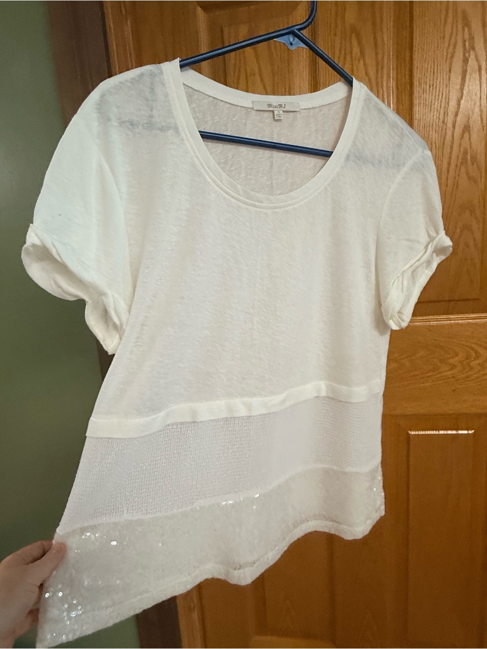 Miss Me White Short Sleeve Top with Sequin Hem